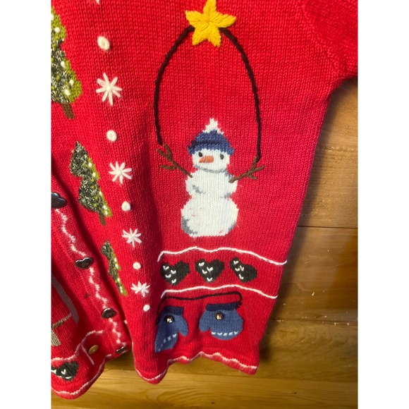 Quacker Factory Winter Snowman Red Christmas Cardigan Sweater Button up M 
Party - Picture 5 of 9